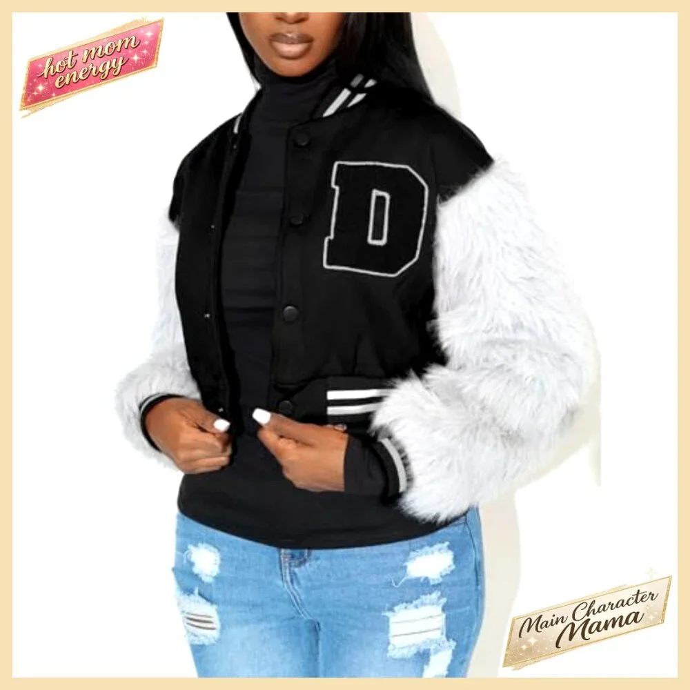Cropped Varsity Jacket with Faux Fur Sleeves, Button-Up Casual Letterman Coat - Picture 6 of 7